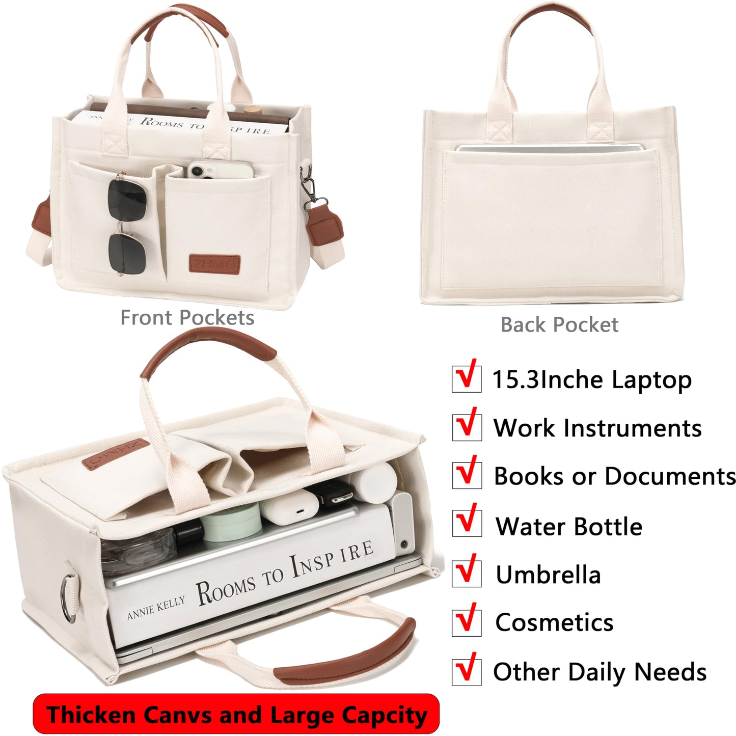 Bolsa grande de lona para mujer con bolsillos, bolso cruzado para laptop, bolso para todo el día, bolso para el trabajo, playa, gimnasio