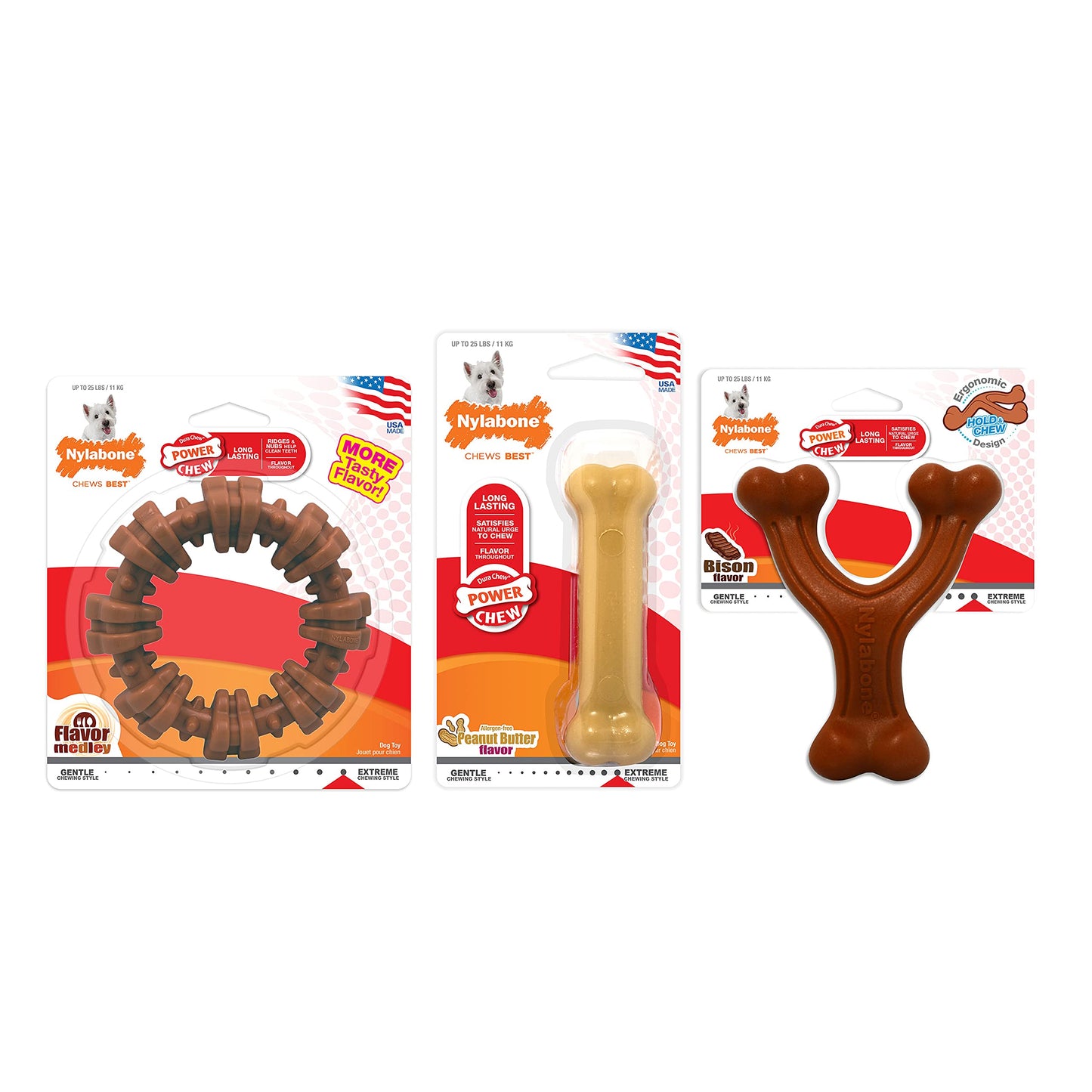 Nylabone Customer Favorites Power Chew Toy Bundle for Dogs, Indestructible Dog Toys for Aggressive Chewers, Pack of 3 Dog Toys, Flavor Medley, Small Dogs - Up to 25 lbs, 3 Pack
