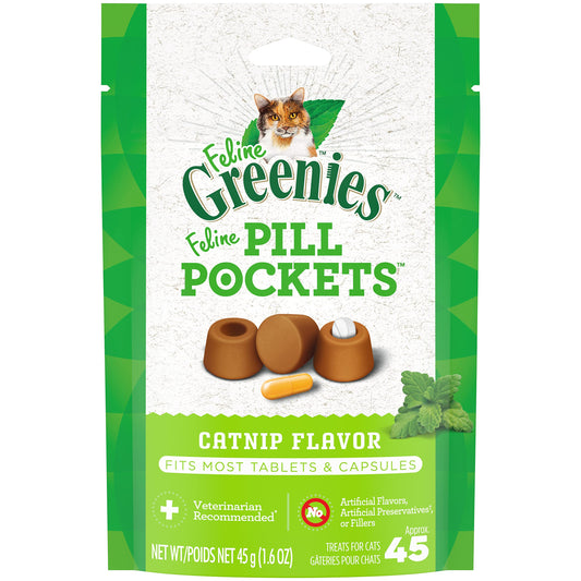 Greenies Feline Pill Pockets for Cats Natural Soft Cat Treats, Catnip Flavor, 1.6 oz. Pouch (45 Treats)