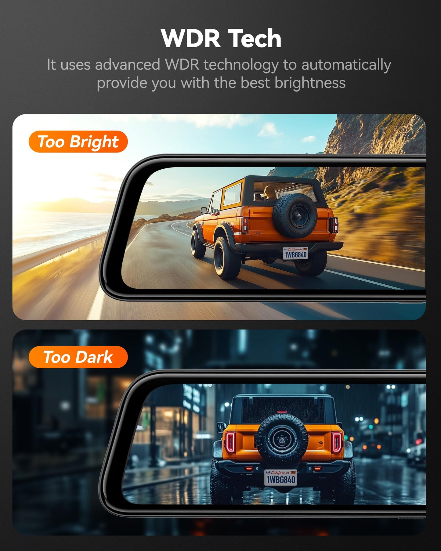 WOLFBOX G840S - Cámara de respaldo con espejo 4K de 12 pulgadas, espejo retrovisor inteligente WiFi de 5.8 GHz para automóviles y camiones, cámaras duales de visión frontal y trasera, visión nocturna
