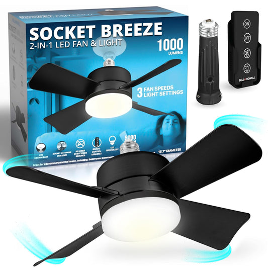 Bell+Howell Socket Breeze - Ventilador de luz con mando a distancia, ventiladores de techo de ahorro de costes de 15.75 pulgadas con luces de repuesto para dormitorio, cocina, sala de estar, cálida