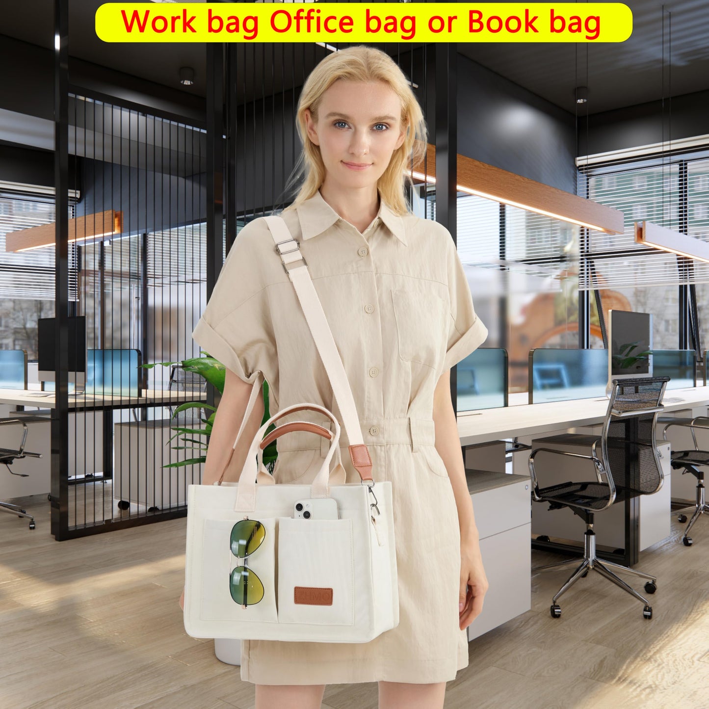 Bolsa grande de lona para mujer con bolsillos, bolso cruzado para laptop, bolso para todo el día, bolso para el trabajo, playa, gimnasio