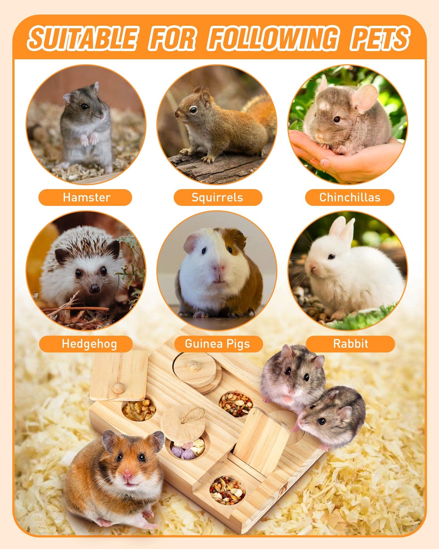 MWAOWM Guinea Pig Foraging Toys, 6 in 1 Hamsters Wooden Interactive Enrichment Toys, Treat Dispenser for Small Animal, for Rabbits, Bunny, Chinchillas, Rats and Gerbils