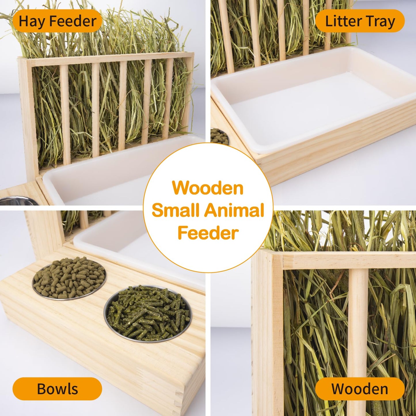 BESNEW 3 in 1 Rabbit Hay Feeder with Litter Box,Wooden Hay Feeder with 2 Bowls & Litter Box for Guinea Pig Chinchilla Bunny Other Small Animals,Large Capacity & Preventing Waste