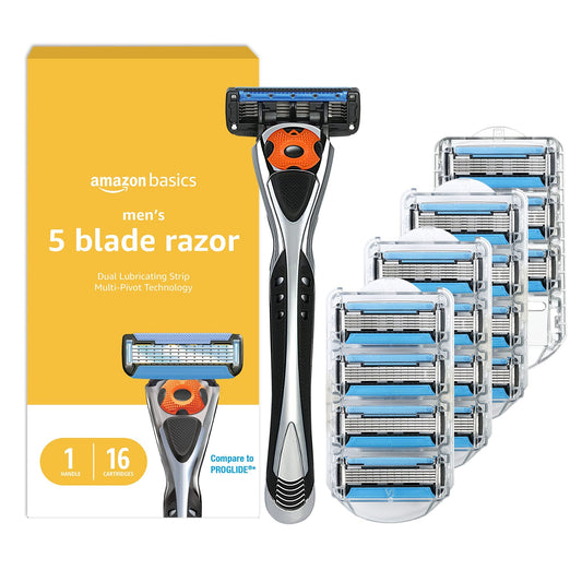 Amazon Basics 5-Blade MotionSphere - Maquinilla de afeitar para hombre con doble lubricación y recortadora de precisión, juego de 17 piezas, 1 mango y 16 cartuchos, color negro