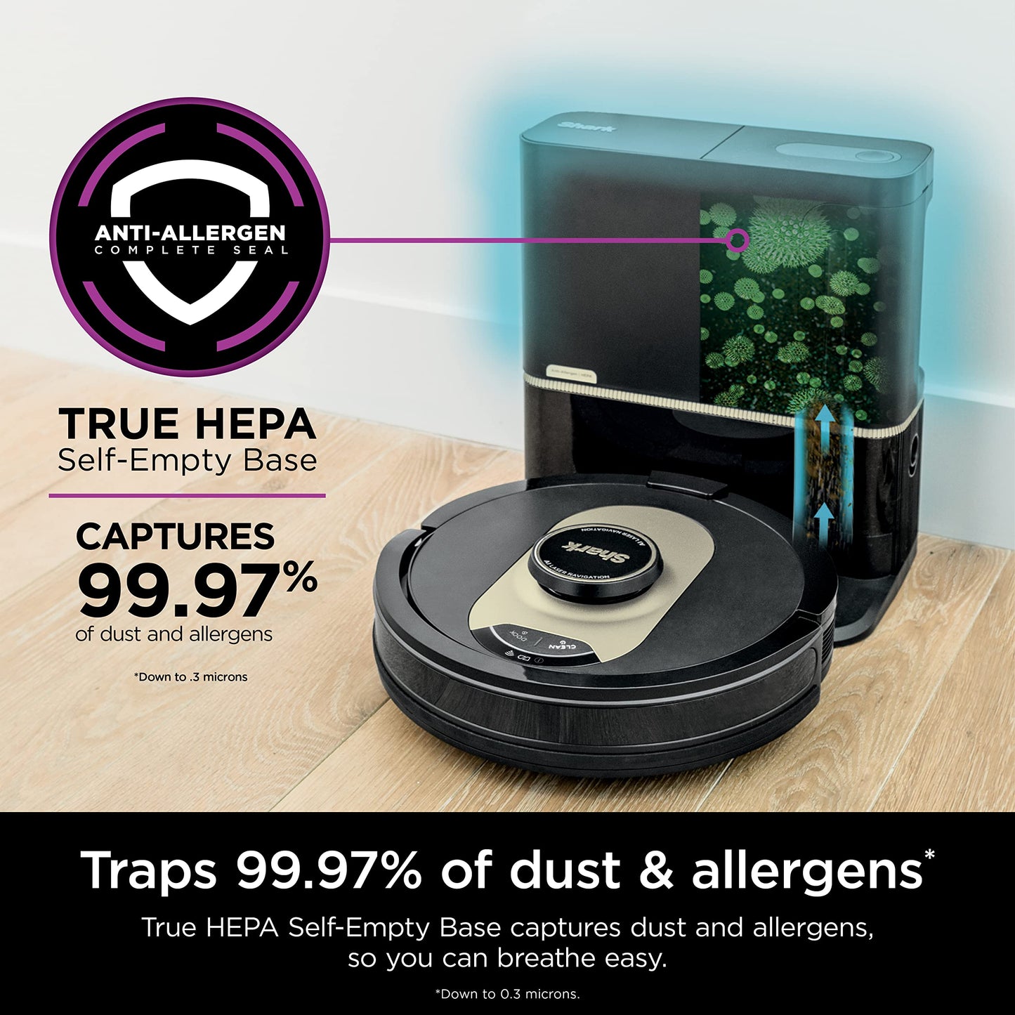 Aspiradora robot Shark AV2501AE con IA, base autovaciable con filtro HEPA XL, sin bolsa, capacidad de 60 días, navegación LIDAR, ideal para pelo de mascotas, compatible con Alexa, con conexión Wi-Fi, para alfombras y suelos duros, color negro