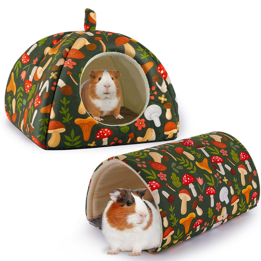 Bienbee Guinea Pig Hideout, Washable Rabbit Bed with Guinea Pig Tunnel, 2 Pack Guinea Pigs Toys Set Bunny Hideout Cage Accessories for Hamster Ferret Rabbits Bunny, Green Mushroom