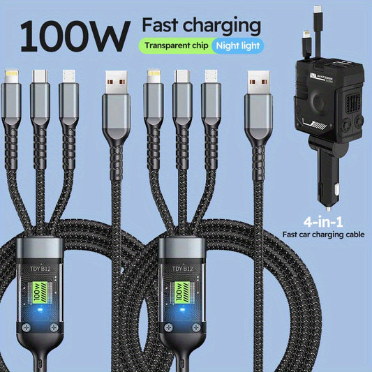Retractable 4in 1 Fast Charging Car Charging Cable with 2pcs 3in 1 100W LED Digital Display USB cable, 4 Ports Car Charger Adapter for iPhone 15/14/13/12/11 for Galaxy Pixel and All iOS and for Android Devices - Safe and Reli