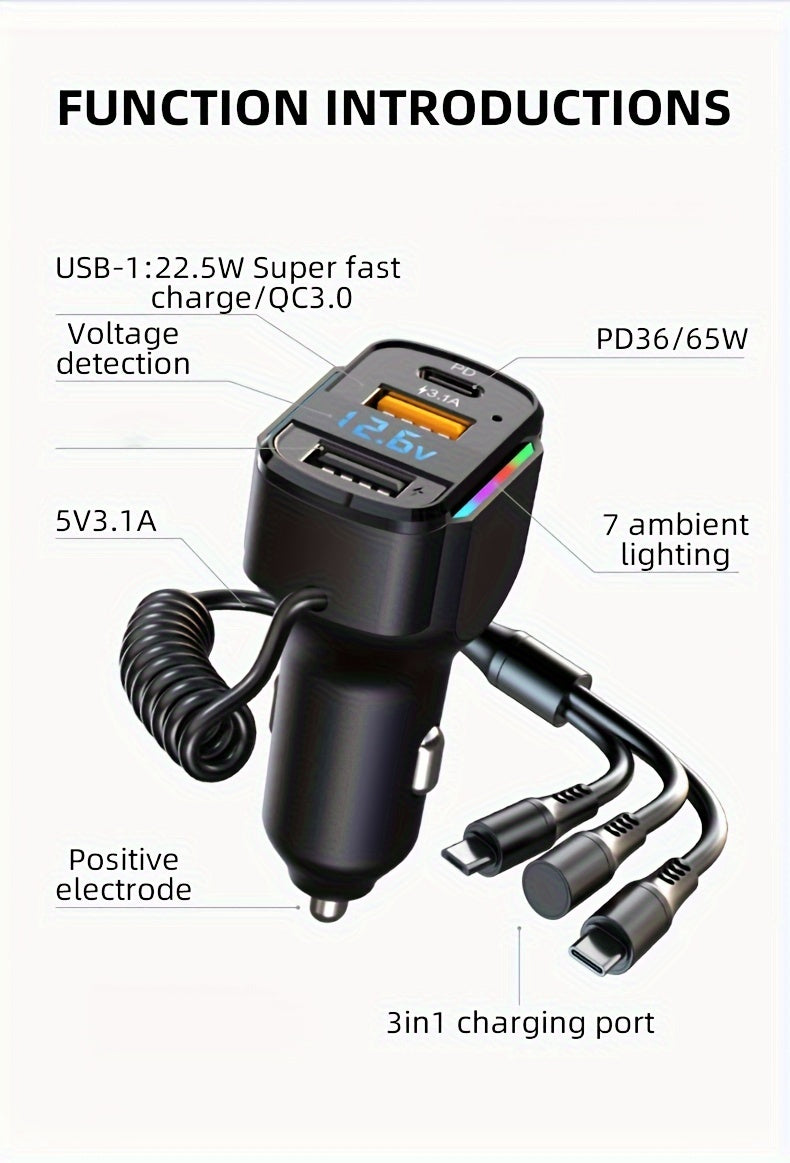 65W 3-port USB PD Fast Car Charger (K4) QC3.1 Type C 3-in-1 Car Charger 2 USB Charging Ports + 1 Type C Fast Charging Micro Usb Type C