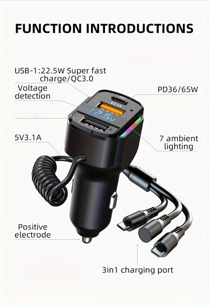 65W 3-port USB PD Fast Car Charger (K4) QC3.1 Type C 3-in-1 Car Charger 2 USB Charging Ports + 1 Type C Fast Charging Micro Usb Type C