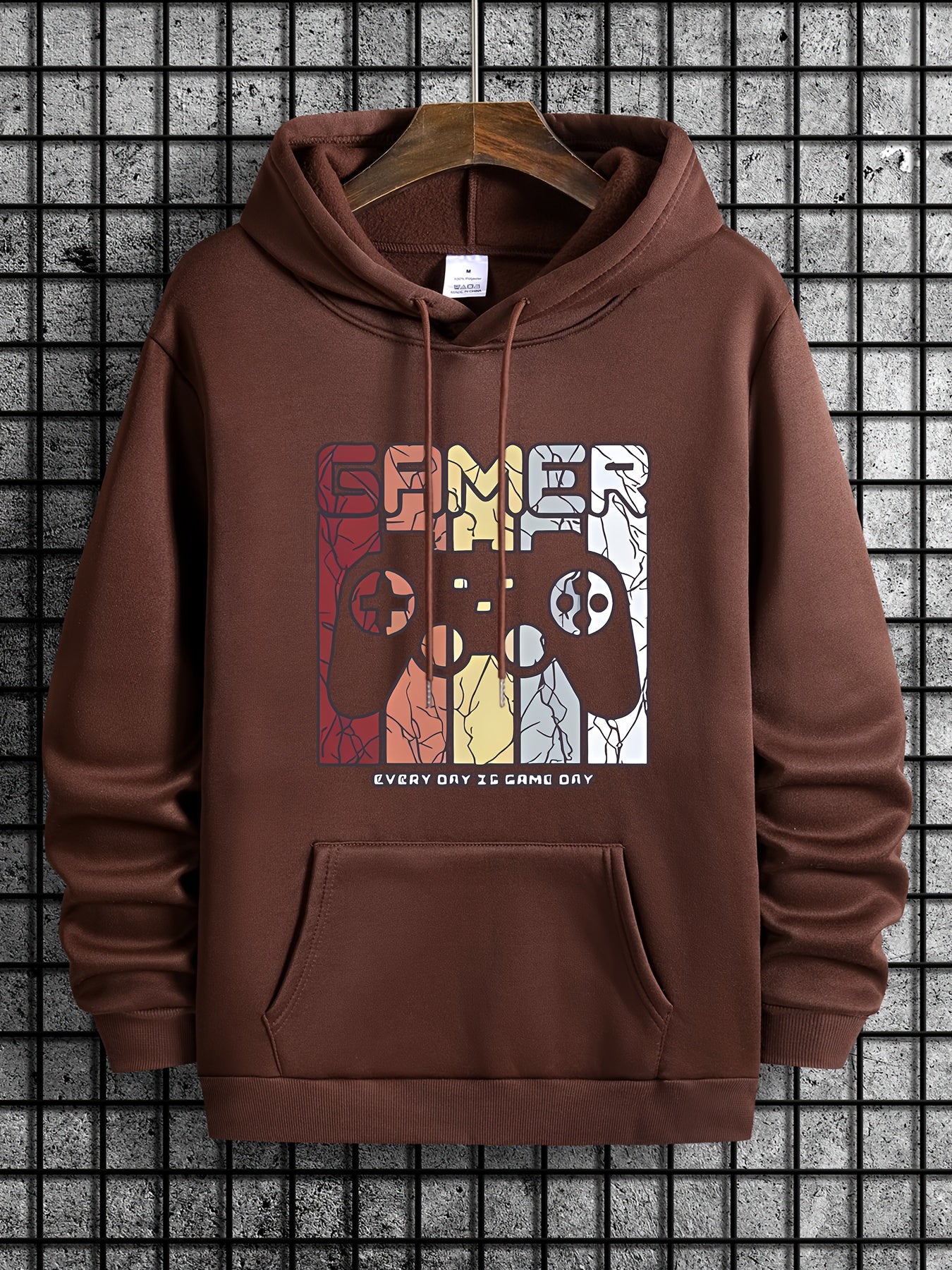 [Retro Gamer Hoodie] Cozy Brown Men's Retro Gamer Hoodie - Long Sleeve Sweatshirt with Drawstring Hood, Video Game Print, Fall/Winter Casual Wear