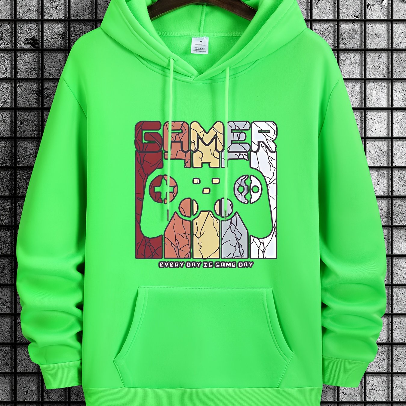 [Retro Gamer Hoodie] Cozy Brown Men's Retro Gamer Hoodie - Long Sleeve Sweatshirt with Drawstring Hood, Video Game Print, Fall/Winter Casual Wear