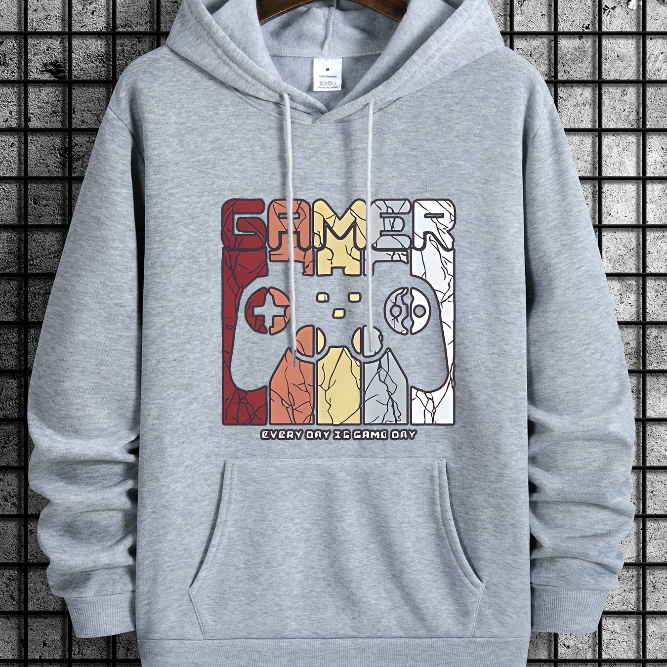 [Retro Gamer Hoodie] Cozy Brown Men's Retro Gamer Hoodie - Long Sleeve Sweatshirt with Drawstring Hood, Video Game Print, Fall/Winter Casual Wear