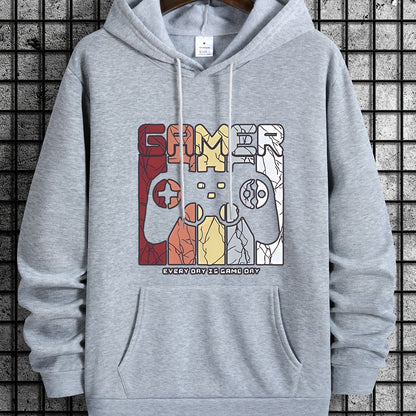 [Retro Gamer Hoodie] Cozy Brown Men's Retro Gamer Hoodie - Long Sleeve Sweatshirt with Drawstring Hood, Video Game Print, Fall/Winter Casual Wear