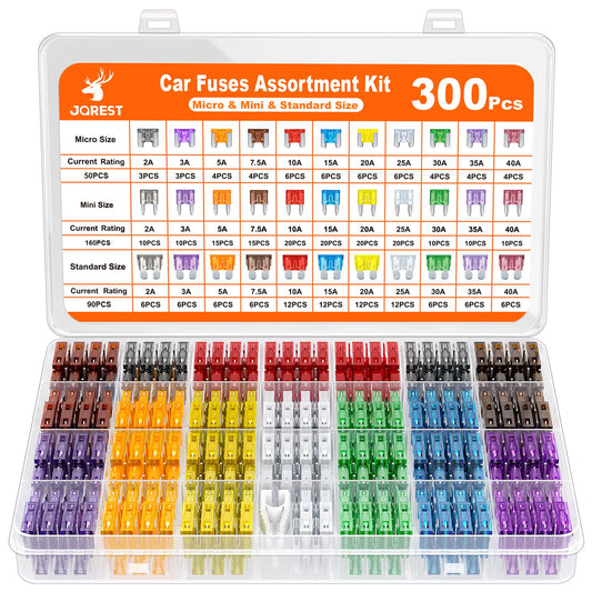 JOREST - Juego de 300 fusibles de cuchilla para el auto, 160 mini, 90 estándar, 50 micro y 1 extractor de fusibles, para caravana o motocicleta (2Amp, 3A, 5A, 7.5A, 10A, 15A, 20A, 25A, 30A, 35A, 40A)