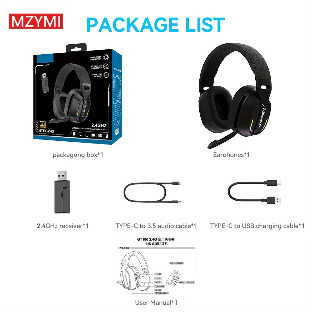 MZYMI GT100 2.4GHz/Wireless Gaming Headset for PlayStation 5 4, Gamer Headphones with Detachable Microphone for PS5, PS4, PC, Switch, Ultra-low Latency, 25 Hours Playtime, Wired Mode for Xbox Series