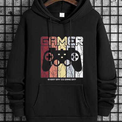 [Retro Gamer Hoodie] Cozy Brown Men's Retro Gamer Hoodie - Long Sleeve Sweatshirt with Drawstring Hood, Video Game Print, Fall/Winter Casual Wear