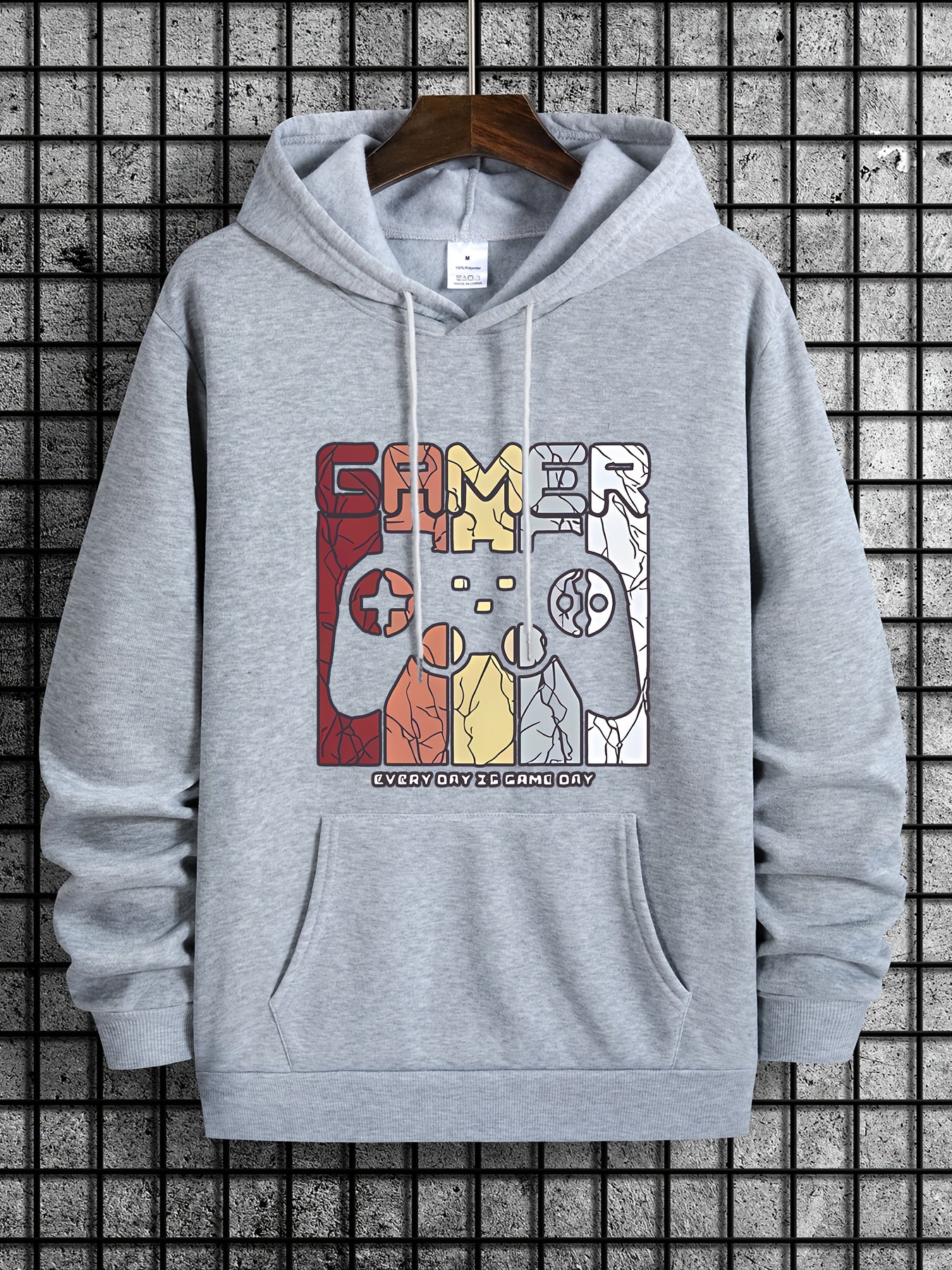 [Retro Gamer Hoodie] Cozy Brown Men's Retro Gamer Hoodie - Long Sleeve Sweatshirt with Drawstring Hood, Video Game Print, Fall/Winter Casual Wear