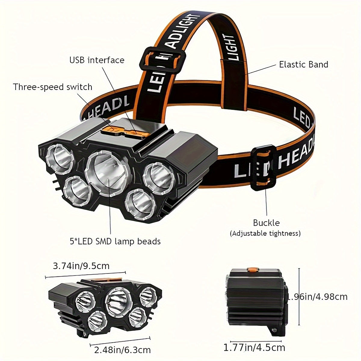 Buy 1 Get 1 Free, Total Of 2pcs Multifunctional 5LED Headlight Head Mounted Flashlight Outdoor USB Charging Fishing Headlight Strong Bald Head Light 4-Mode Headlight Flashlight, Used For Outdoor Running, Hunting, Hiking, Camp