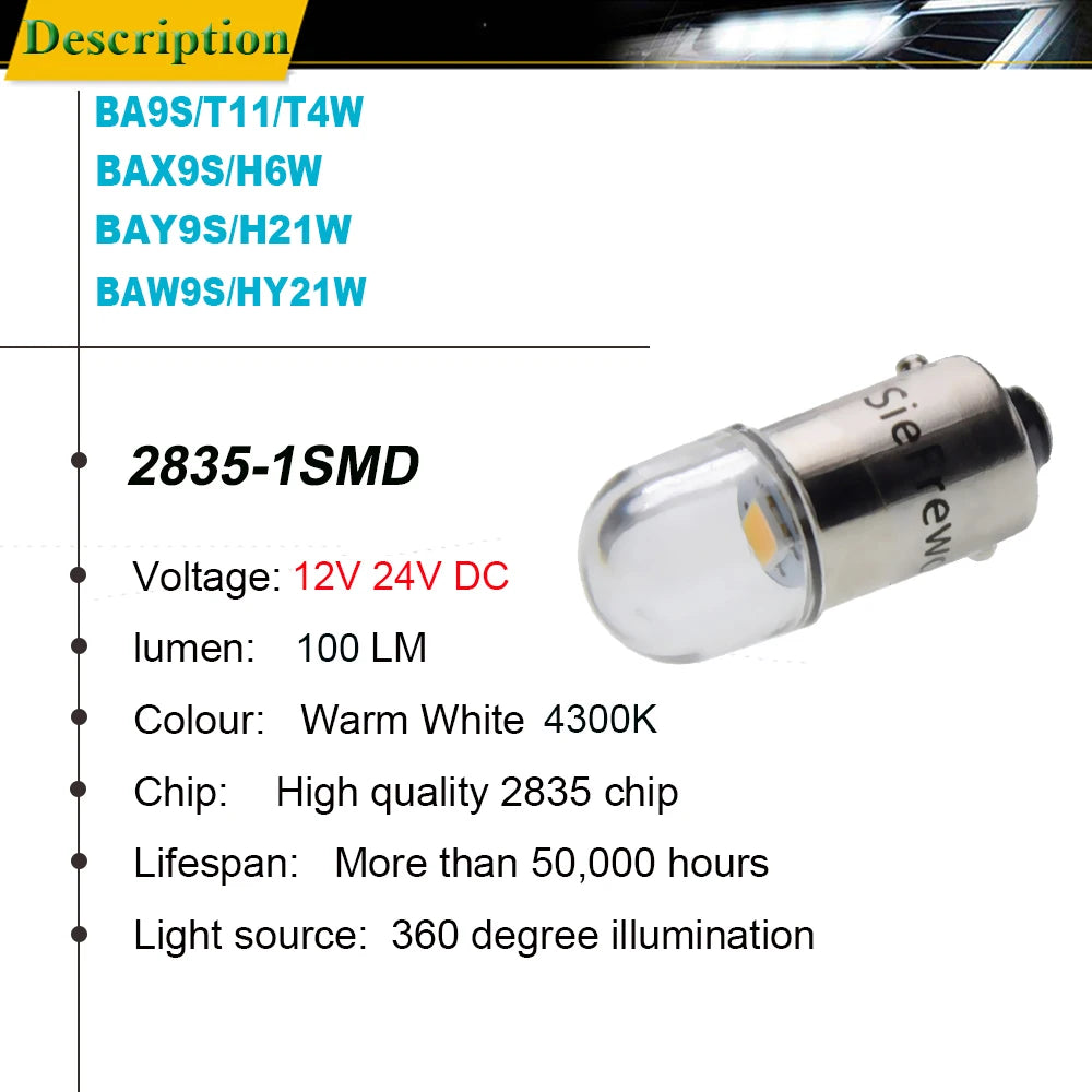 Bombilla Led para Interior de coche, luz blanca cálida de 6V, 12V, 24V, BA9S, T4W, BA9S, H6W, BAY9S, H21W, BAW9S, HY21W, 2835, 1SMD, 2 unidades