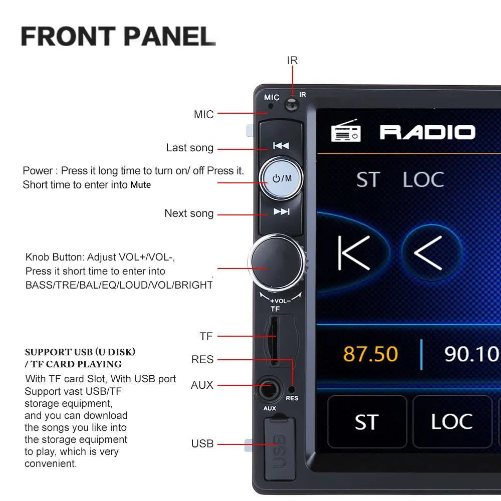 Podofo 2 din Radio de coche 7 "HD Autoradio reproductor Multimedia 2DIN pantalla táctil Auto audio estéreo de coche MP5 Bluetooth USB TF FM cámara