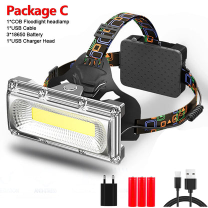 Linterna Frontal COB de 11000LM, linterna de cabeza potente recargable, 3 modos, resistente al agua, batería 18650, luz Frontal para pesca y Camping