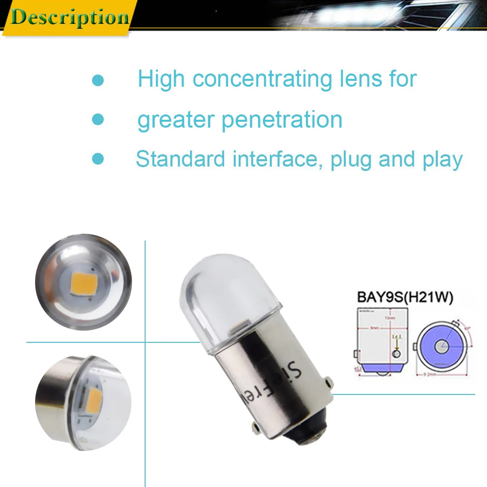 Bombilla Led para Interior de coche, luz blanca cálida de 6V, 12V, 24V, BA9S, T4W, BA9S, H6W, BAY9S, H21W, BAW9S, HY21W, 2835, 1SMD, 2 unidades