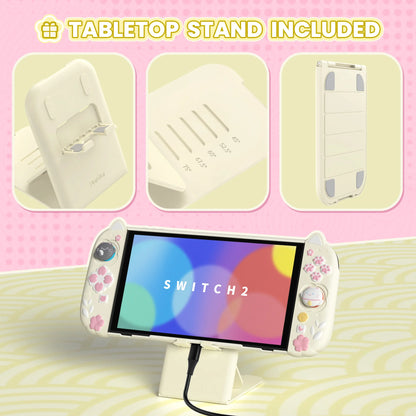 PlayVital Funda acoplable con diseño de gatito y flor de cerezo para Nintendo Switch 2, empuñadura de silicona rosa y carcasa para PC/funda Joycon con pata de oreja de gato