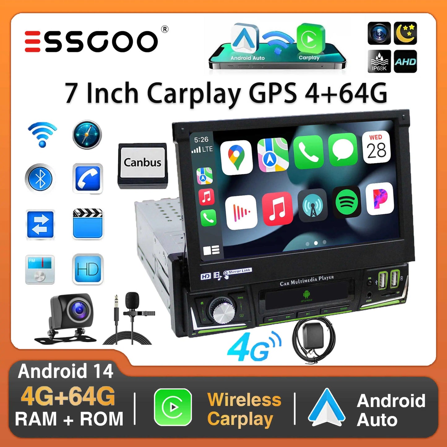 Radio de coche ESSGOO 7 pulgadas 1 DIN Flip-Out, 4+64 GB, Carplay inalámbrico, Android Auto, Bluetooth, pantalla táctil, Android 14, reproductor MP5, unidad principal, SWC, GPS, cámara.