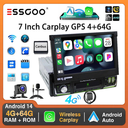 Radio de coche ESSGOO 7 pulgadas 1 DIN Flip-Out, 4+64 GB, Carplay inalámbrico, Android Auto, Bluetooth, pantalla táctil, Android 14, reproductor MP5, unidad principal, SWC, GPS, cámara.