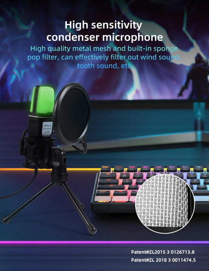 Micrófono USB portátil, micrófono RGB, condensador, micrófono para juegos con cable para estudio de grabación de Podcast, Streaming, portátil y de escritorio