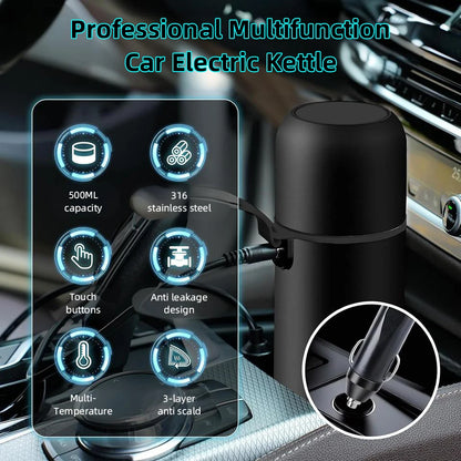 Hervidor eléctrico de viaje para coche, 12V/24V, portátil, taza de agua caliente, pantalla de visualización, calor de acero inoxidable 316 para preparar café y té