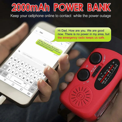 Luz de Camping alimentada por manivela Solar con Radio AM/FM para exteriores, linterna LED de dinamo de mano multifuncional con carga USB de 2000mAh