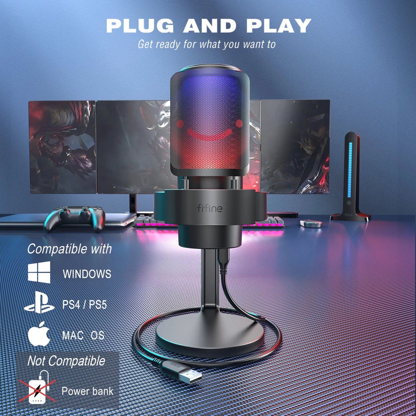 Micrófono USB FIFINE para grabar y transmitir en PC y Mac, salida de auriculares y botón de silencio táctil, micrófono con 3 modos RGB -A8