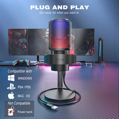 Micrófono USB FIFINE para grabar y transmitir en PC y Mac, salida de auriculares y botón de silencio táctil, micrófono con 3 modos RGB -A8