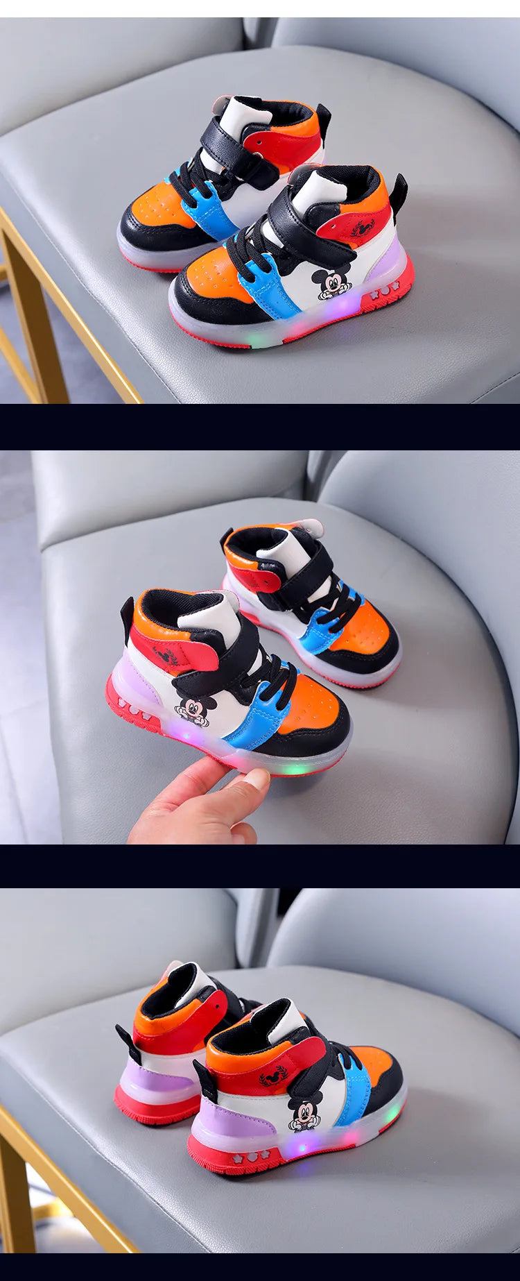 Zapatos Causla de Disney para niñas, zapatillas deportivas informales de cuero PU con LED luminiscentes de Mickey Mouse para niños de 1 a 6 años