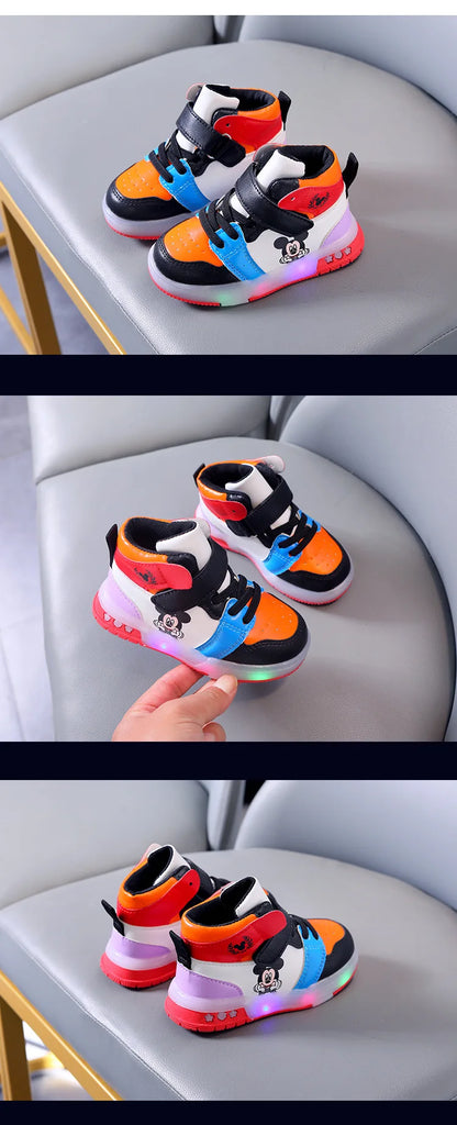 Zapatos Causla de Disney para niñas, zapatillas deportivas informales de cuero PU con LED luminiscentes de Mickey Mouse para niños de 1 a 6 años
