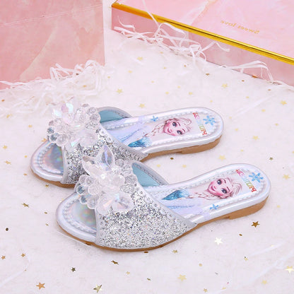 Sandalias Disney para niños, zapatillas de Frozen, zapatos de princesa Elsa a la moda, sandalias antideslizantes con flores de cristal, color azul, rosa y plateado