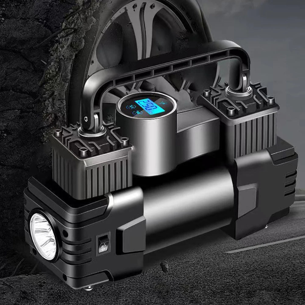 Mini compresor de aire de doble cilindro, inflador de neumáticos de alta resistencia con luz LED, bomba de aire eléctrica para coche, 12V, 150PSI