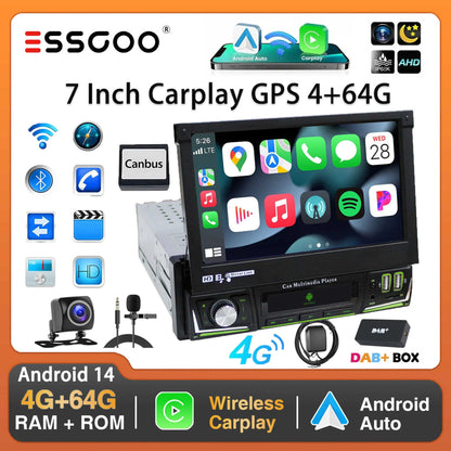 Radio de coche ESSGOO 7 pulgadas 1 DIN Flip-Out, 4+64 GB, Carplay inalámbrico, Android Auto, Bluetooth, pantalla táctil, Android 14, reproductor MP5, unidad principal, SWC, GPS, cámara.