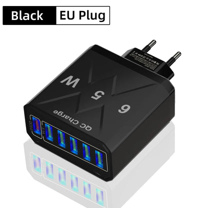Cargador USB de 6 puertos de carga rápida, adaptador de teléfono móvil para iPhone 14, Samsung, Xiaomi, enchufe de la UE, KR, EE. UU., Reino Unido, 65W, QC3.0