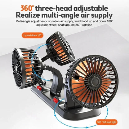 Ventilador automotriz del coche del ventilador 12v 24v 360 °   Ventilador de aire ajustable de 3 cabezales, tarjeta de estacionamiento temporal multifuncional de poco ruido, ventilador para vehículos