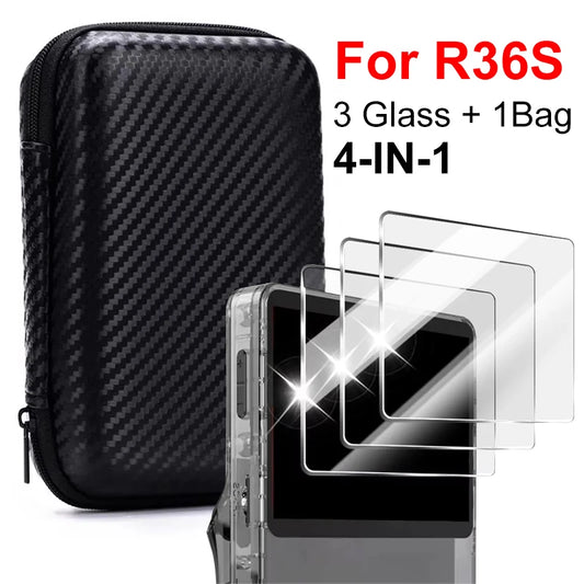 Estuche de almacenamiento 4 en 1 para consola de juegos, bolsa de transporte de viaje, protectores de pantalla, película de vidrio templado para accesorios R36S R36MAX K36