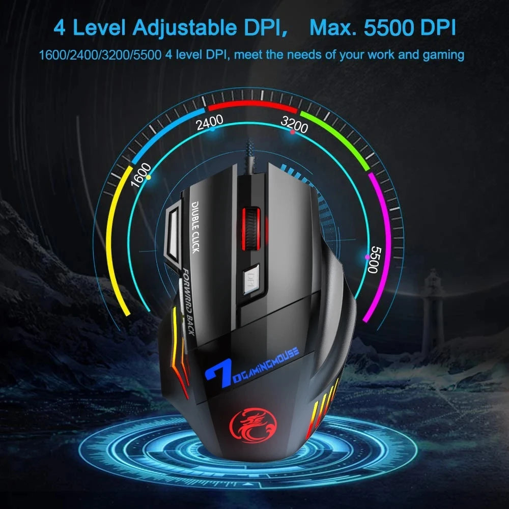 Ratón para juegos por cable, ratón de ordenador para Gamer, ratón ergonómico retroiluminado RGB, retroiluminación silenciosa, ratón LED de 7 botones, ratón USB para PC de escritorio