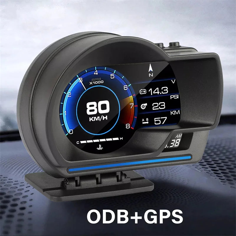 Medidor de sistemas dobles Universal OBD2 y GPS, velocímetro, pantalla frontal, medidor multifunción de temperatura del agua, accesorios Turbo para coche HUD P6