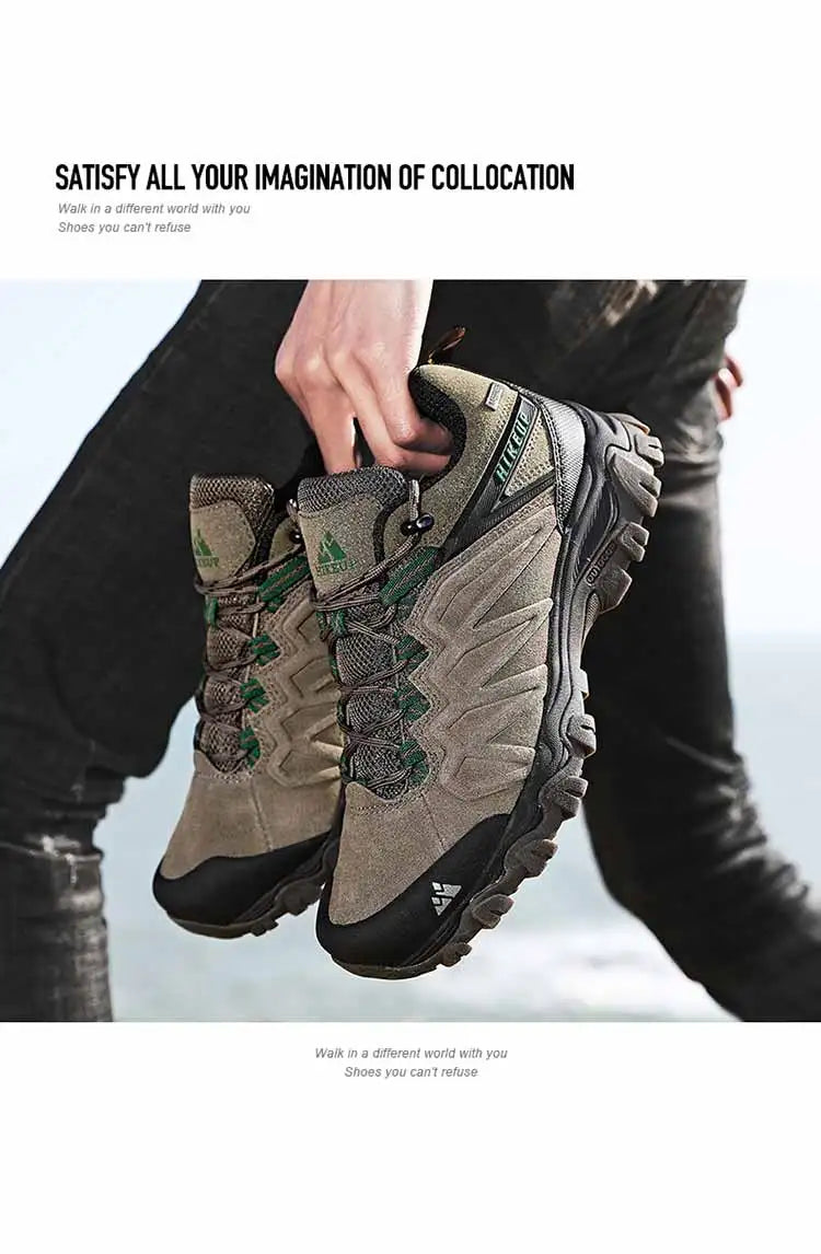 HIKEUP, zapatos de senderismo de cuero de alta calidad, duraderos, para deportes al aire libre, zapatos de cuero para senderismo para hombres, zapatillas de deporte con cordones para escalar y cazar