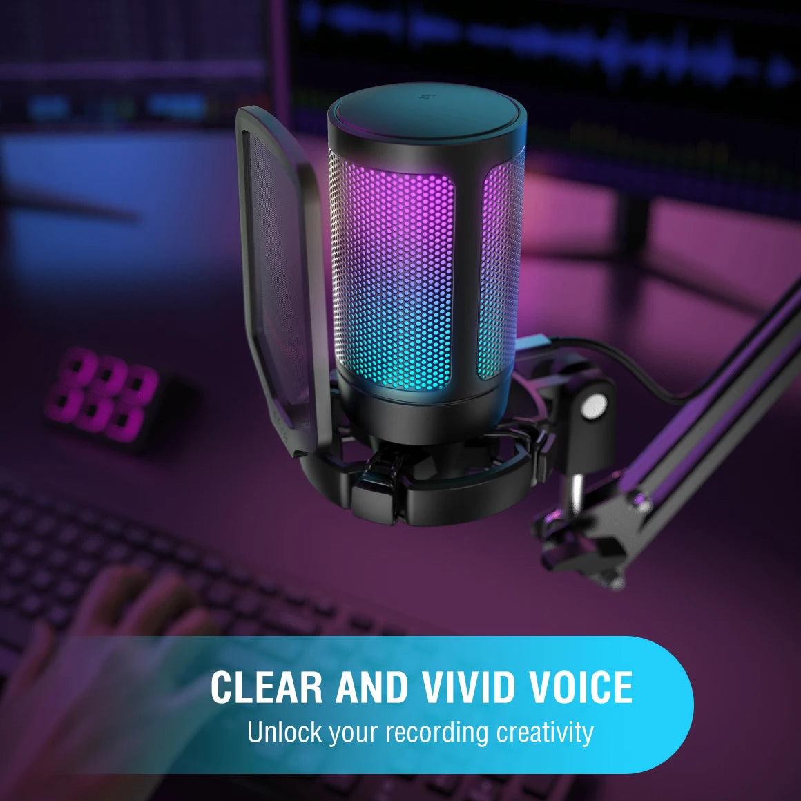 FIFINE Micrófono de condensador USB para juegos, para PC PS4 PS5 MAC con soporte de choque y filtro pop y control de ganancia para podcasts, Ampligame A6V