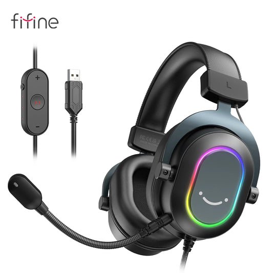 Fifine-auriculares dinámicos RGB para videojuegos, cascos supraaurales con micrófono, sonido envolvente 7,1, PC, PS4, PS5, 3 opciones EQ, juego, película, música