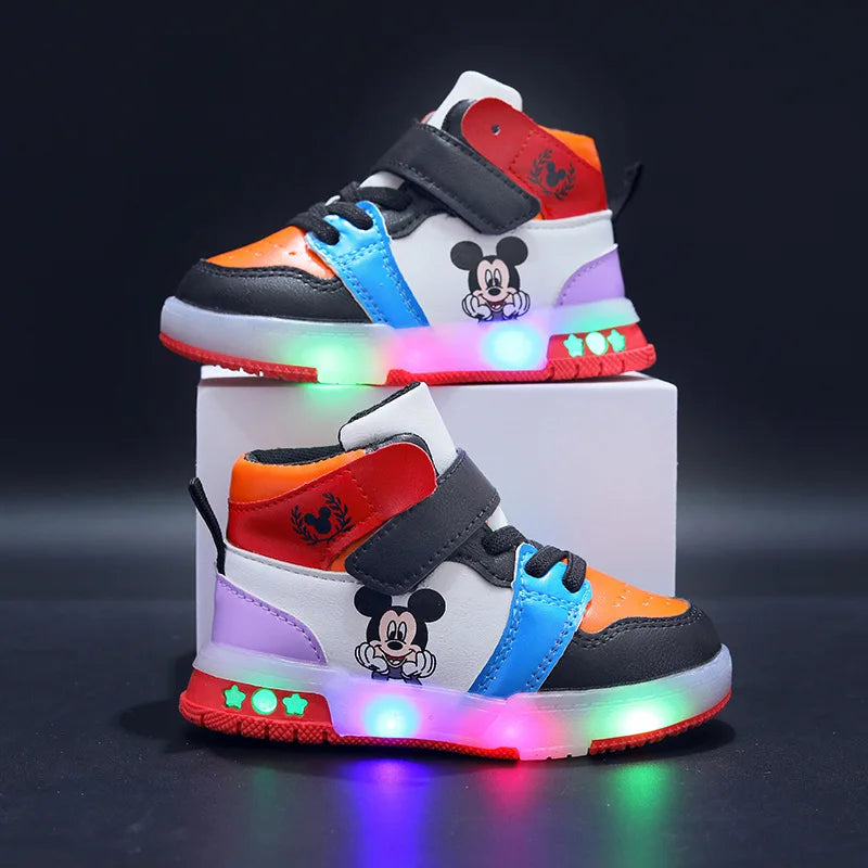 Zapatos Causla de Disney para niñas, zapatillas deportivas informales de cuero PU con LED luminiscentes de Mickey Mouse para niños de 1 a 6 años
