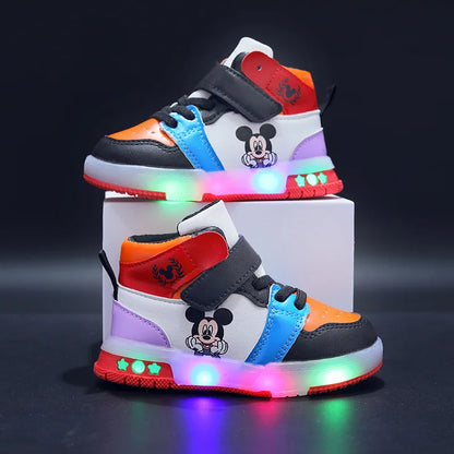 Zapatos Causla de Disney para niñas, zapatillas deportivas informales de cuero PU con LED luminiscentes de Mickey Mouse para niños de 1 a 6 años